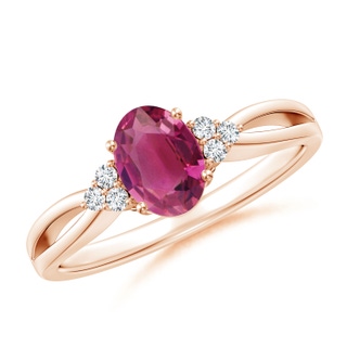 7x5mm AAAA Oval Pink Tourmaline Split Shank Ring with Trio Diamonds in Rose Gold