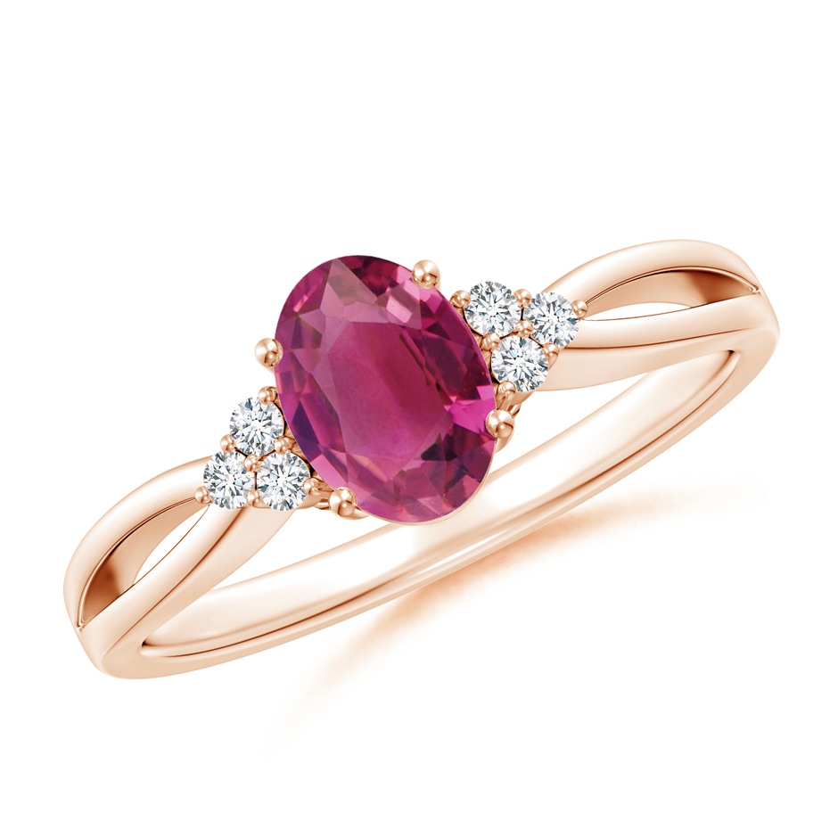 7x5mm AAAA Oval Pink Tourmaline Split Shank Ring with Trio Diamonds in Rose Gold 