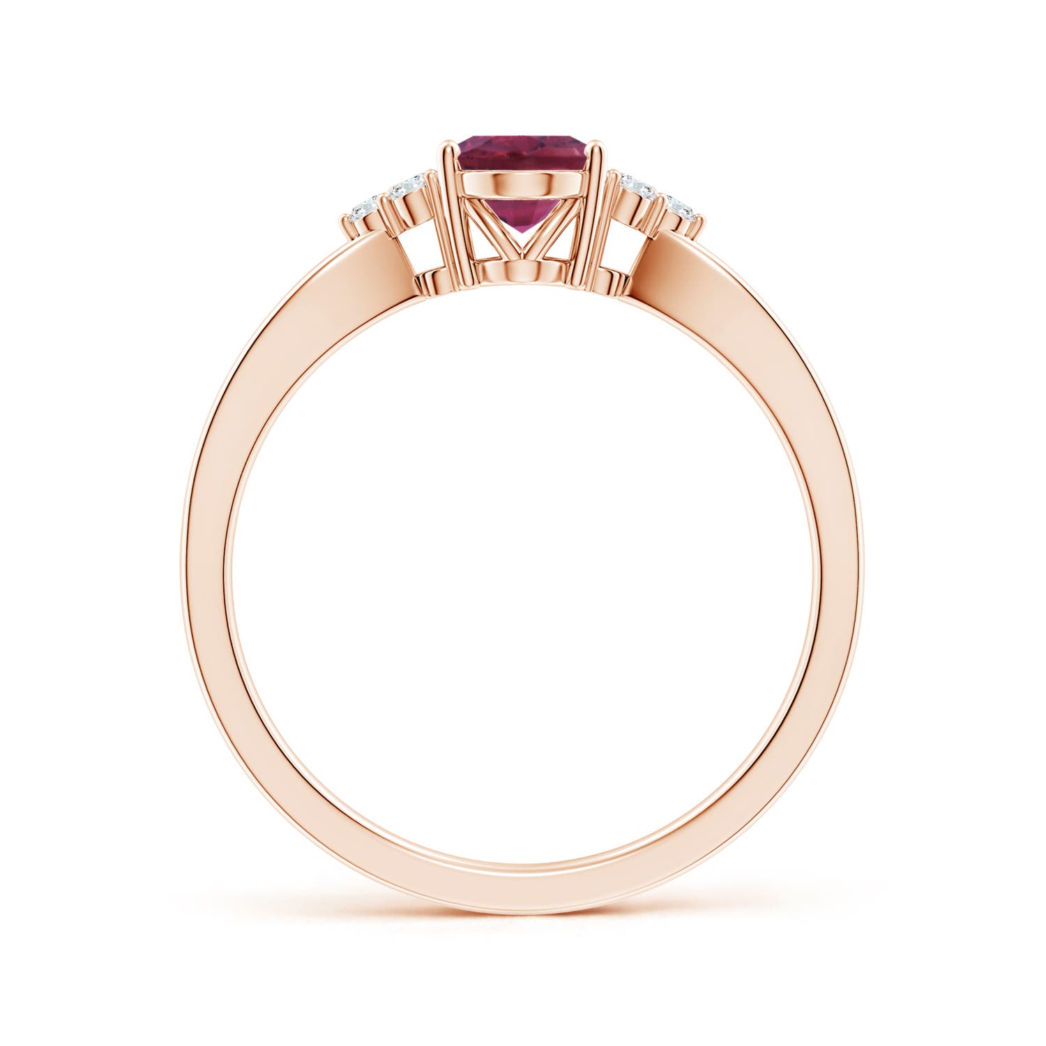 7x5mm AAAA Oval Pink Tourmaline Split Shank Ring with Trio Diamonds in Rose Gold - side 2