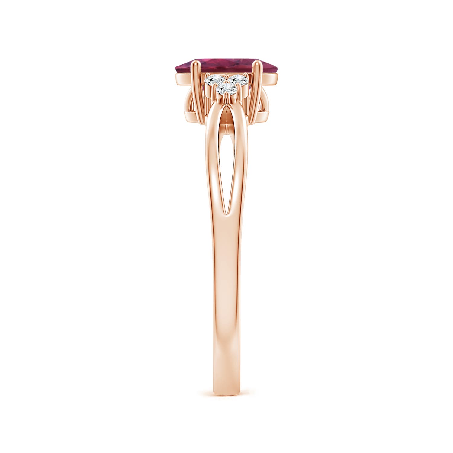7x5mm AAAA Oval Pink Tourmaline Split Shank Ring with Trio Diamonds in Rose Gold - side 3
