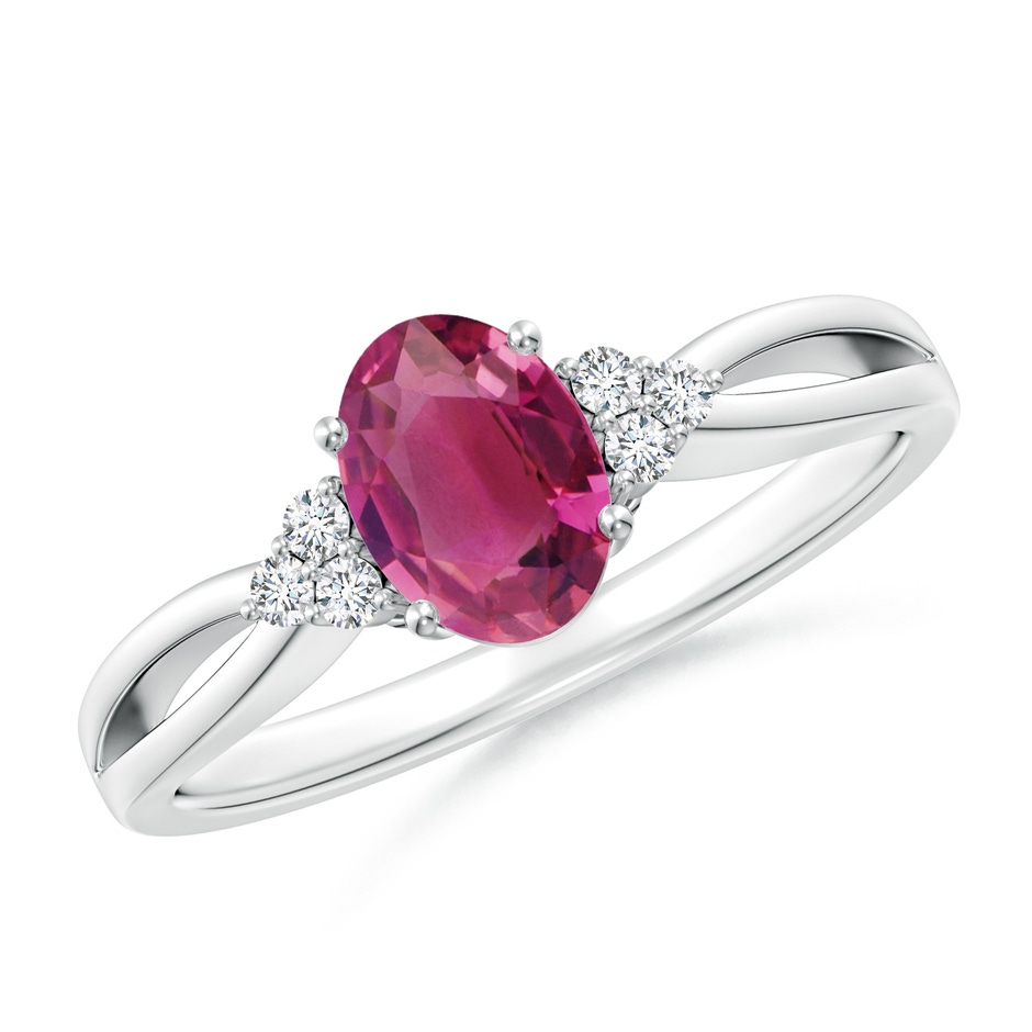 7x5mm AAAA Oval Pink Tourmaline Split Shank Ring with Trio Diamonds in White Gold 