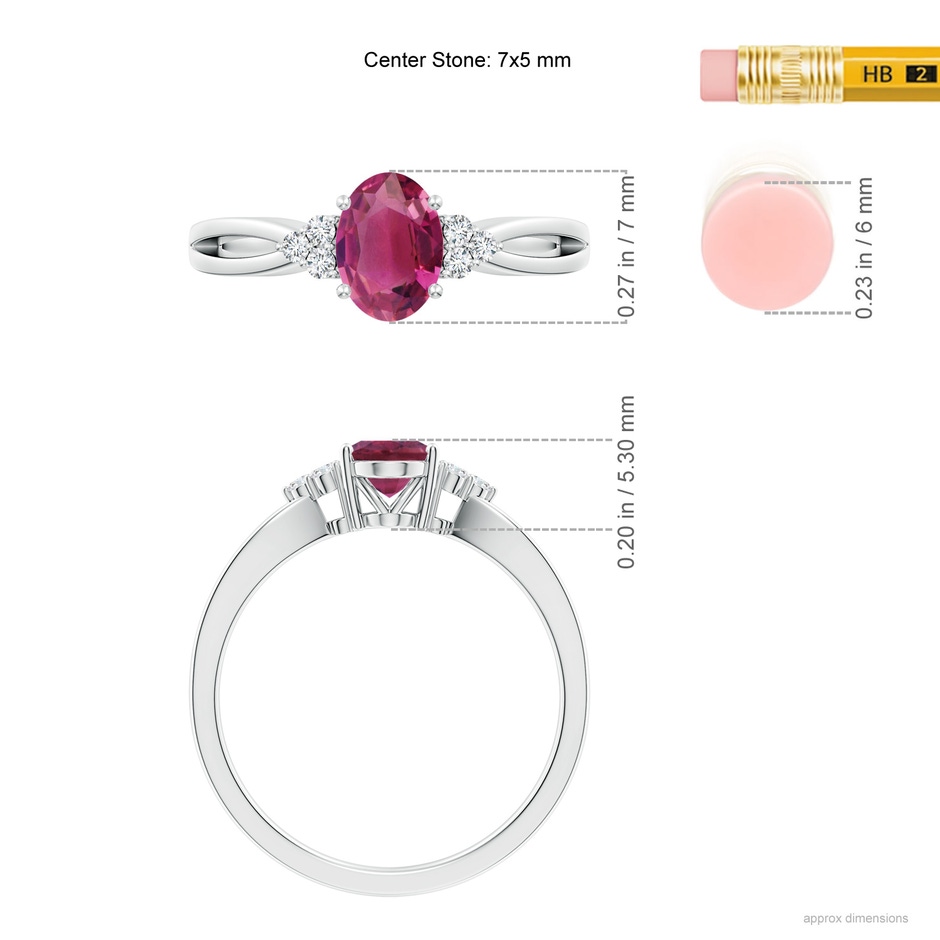 7x5mm AAAA Oval Pink Tourmaline Split Shank Ring with Trio Diamonds in White Gold ruler