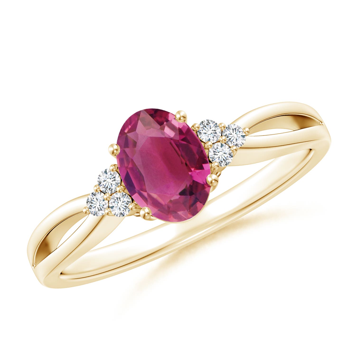 7x5mm AAAA Oval Pink Tourmaline Split Shank Ring with Trio Diamonds in Yellow Gold