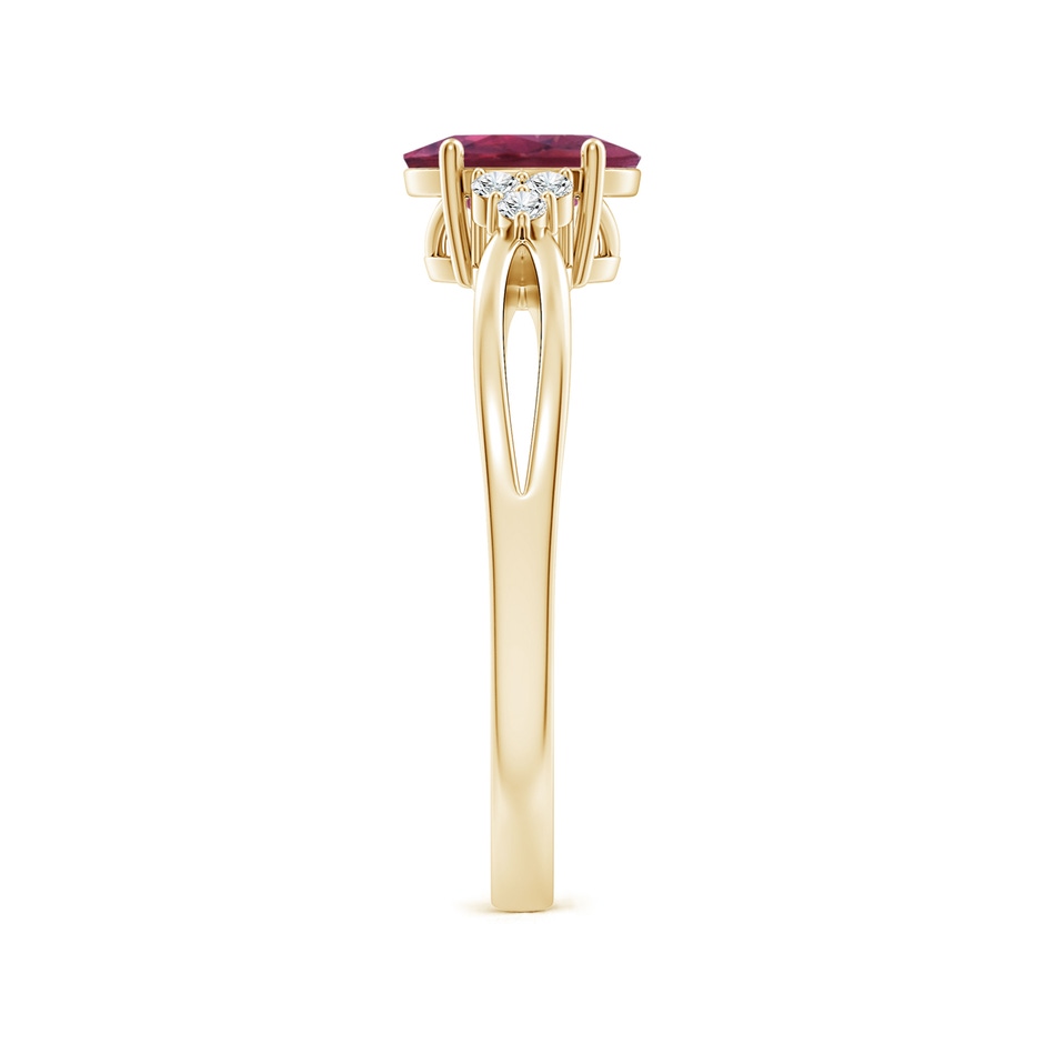 7x5mm AAAA Oval Pink Tourmaline Split Shank Ring with Trio Diamonds in Yellow Gold side 299