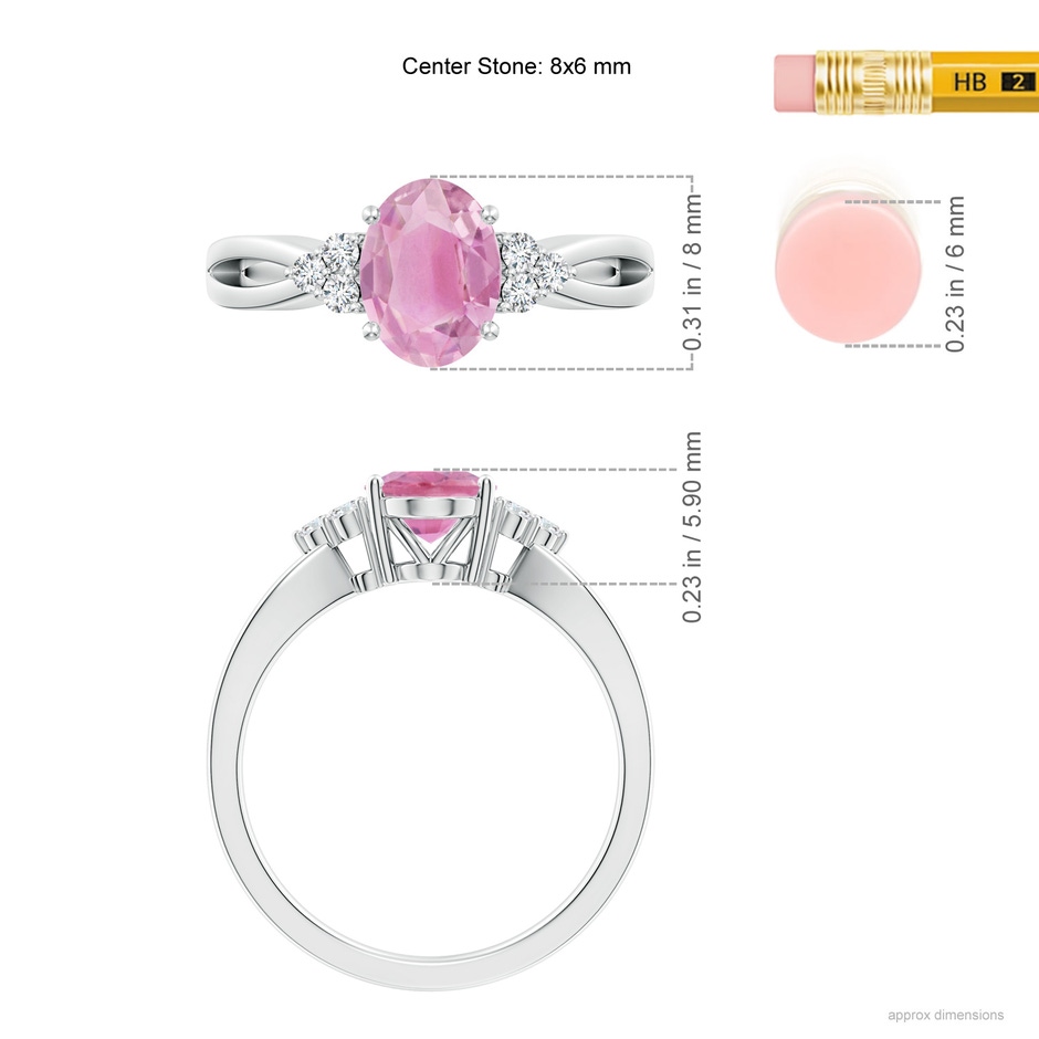 8x6mm A Oval Pink Tourmaline Split Shank Ring with Trio Diamonds in White Gold ruler
