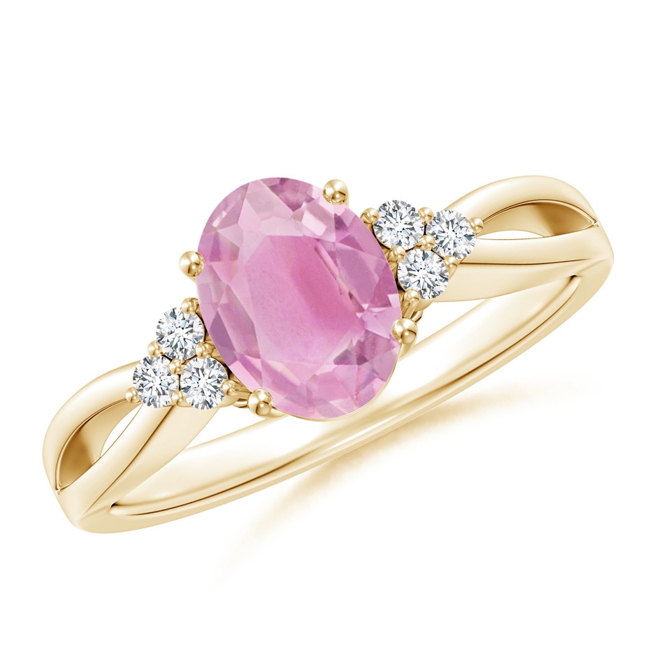8x6mm A Oval Pink Tourmaline Split Shank Ring with Trio Diamonds in Yellow Gold 