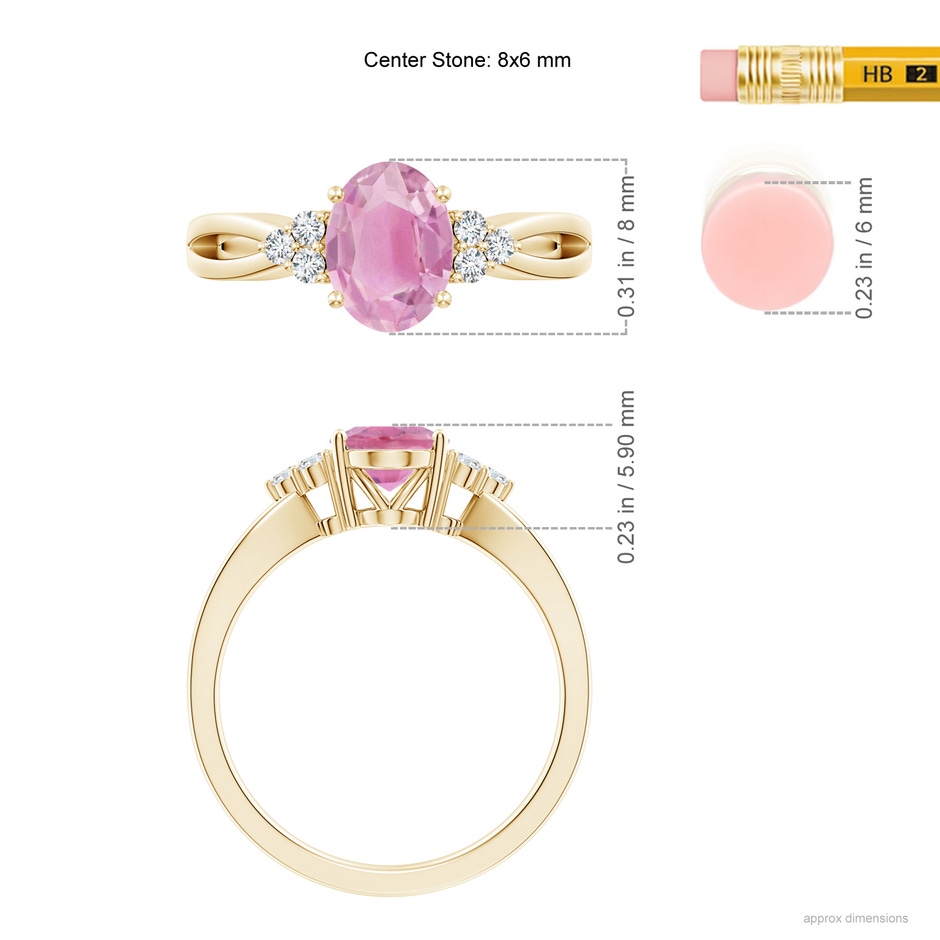 8x6mm A Oval Pink Tourmaline Split Shank Ring with Trio Diamonds in Yellow Gold ruler