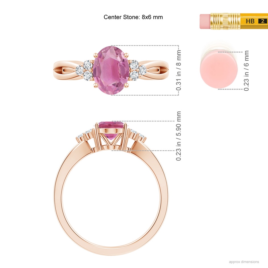 8x6mm AA Oval Pink Tourmaline Split Shank Ring with Trio Diamonds in Rose Gold ruler