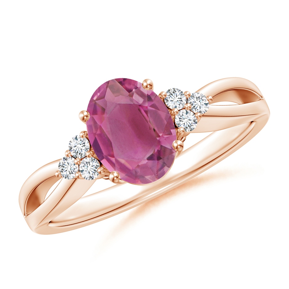 8x6mm AAA Oval Pink Tourmaline Split Shank Ring with Trio Diamonds in Rose Gold 