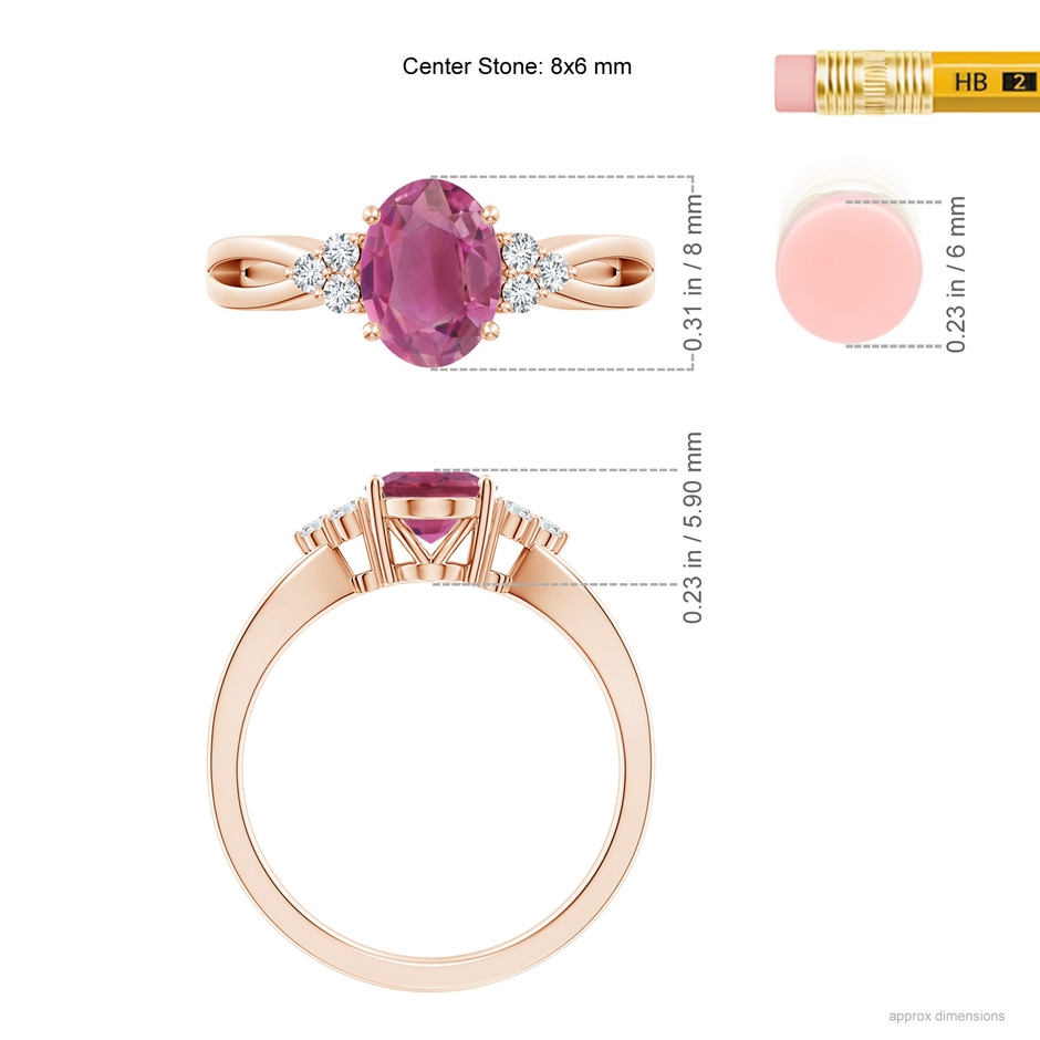 8x6mm AAA Oval Pink Tourmaline Split Shank Ring with Trio Diamonds in Rose Gold ruler