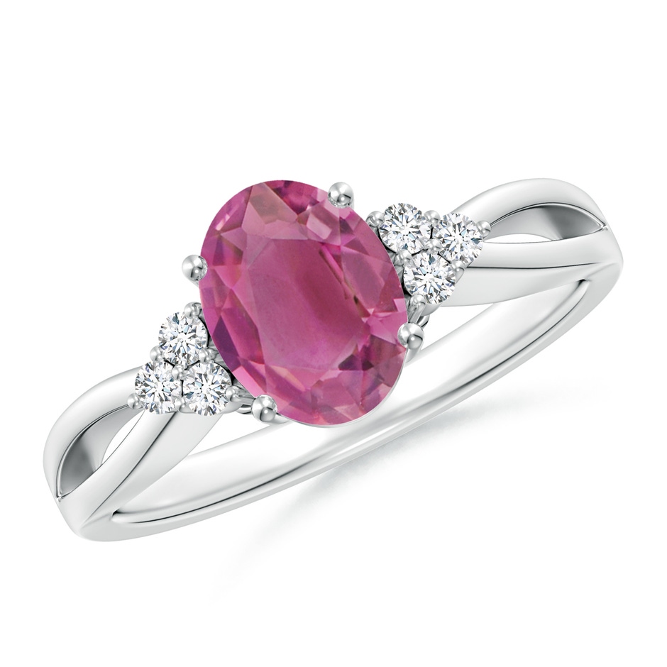 8x6mm AAA Oval Pink Tourmaline Split Shank Ring with Trio Diamonds in White Gold 