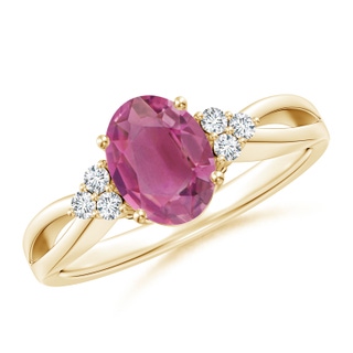 8x6mm AAA Oval Pink Tourmaline Split Shank Ring with Trio Diamonds in Yellow Gold
