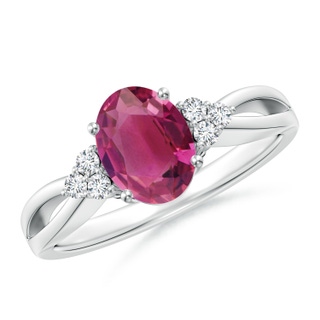 8x6mm AAAA Oval Pink Tourmaline Split Shank Ring with Trio Diamonds in P950 Platinum