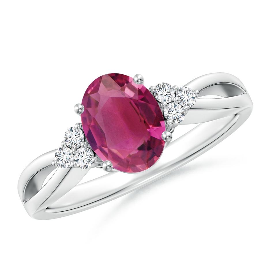 8x6mm AAAA Oval Pink Tourmaline Split Shank Ring with Trio Diamonds in P950 Platinum 