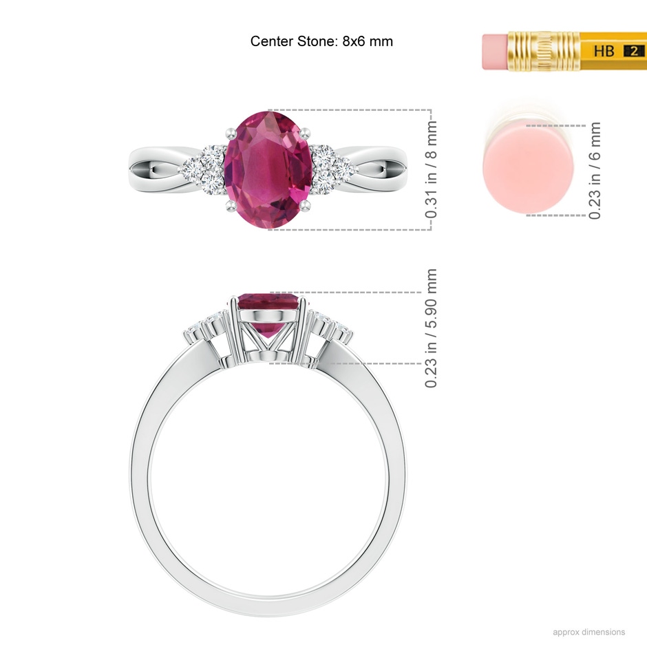 8x6mm AAAA Oval Pink Tourmaline Split Shank Ring with Trio Diamonds in P950 Platinum ruler