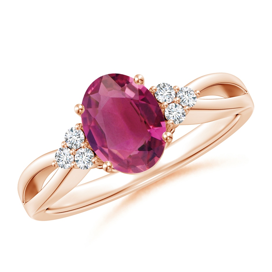 8x6mm AAAA Oval Pink Tourmaline Split Shank Ring with Trio Diamonds in Rose Gold 