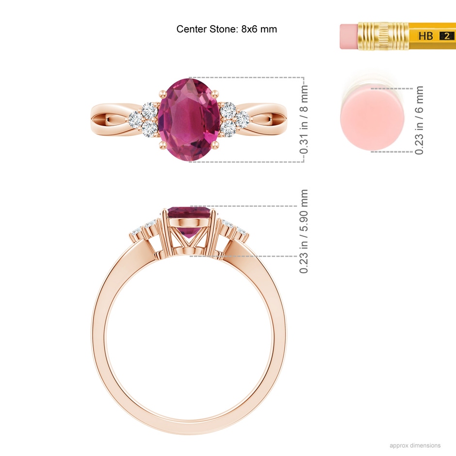 8x6mm AAAA Oval Pink Tourmaline Split Shank Ring with Trio Diamonds in Rose Gold ruler