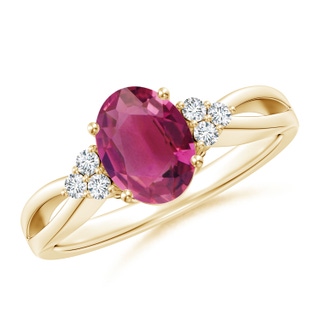 8x6mm AAAA Oval Pink Tourmaline Split Shank Ring with Trio Diamonds in Yellow Gold