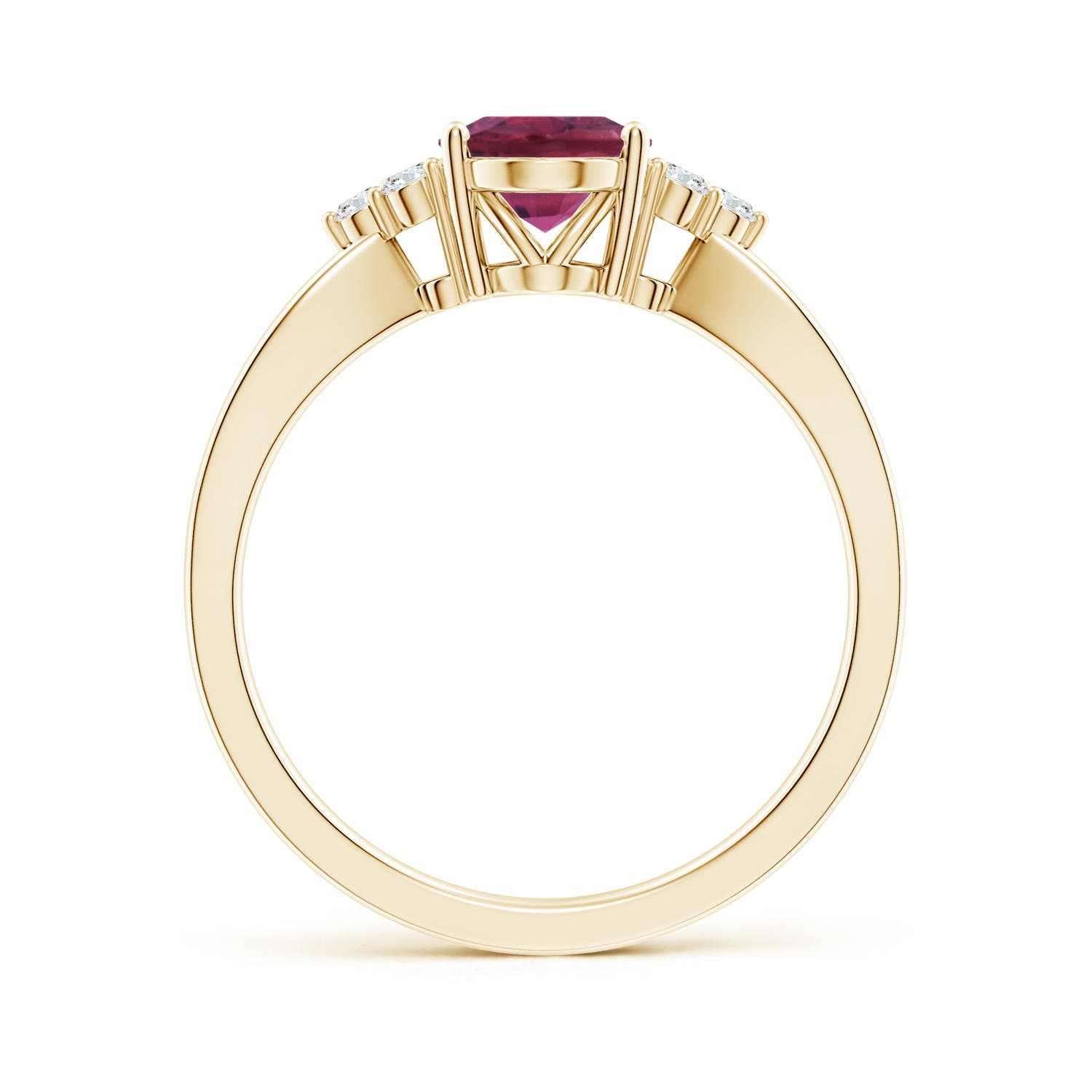8x6mm AAAA Oval Pink Tourmaline Split Shank Ring with Trio Diamonds in Yellow Gold - side 2