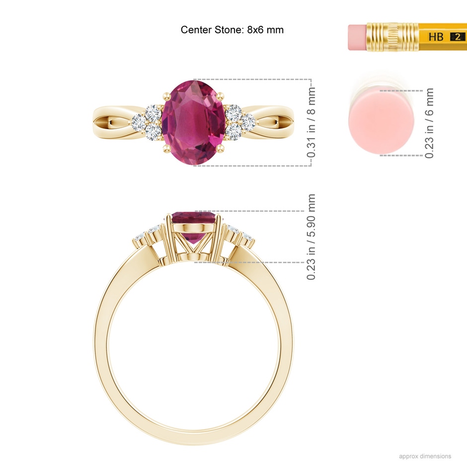 8x6mm AAAA Oval Pink Tourmaline Split Shank Ring with Trio Diamonds in Yellow Gold ruler