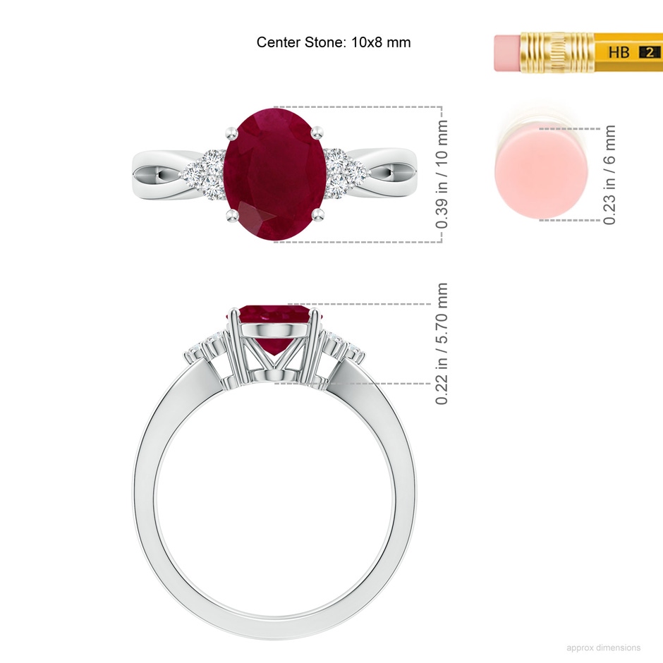 10x8mm A Solitaire Oval Ruby Split Shank Ring with Trio Diamonds in 18K White Gold ruler