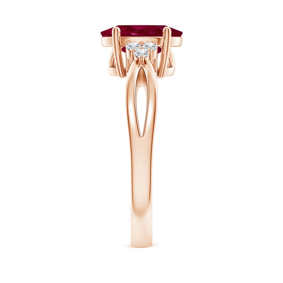 10x8mm A Solitaire Oval Ruby Split Shank Ring with Trio Diamonds in Rose Gold side 299