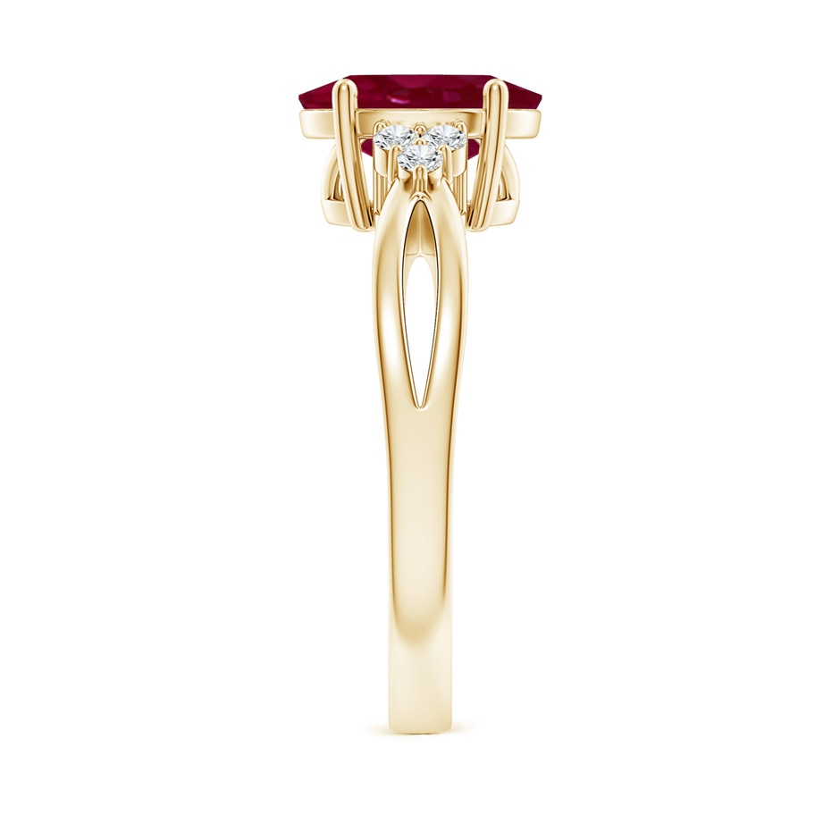 10x8mm A Solitaire Oval Ruby Split Shank Ring with Trio Diamonds in Yellow Gold side 299