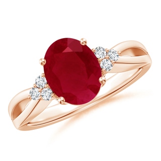 10x8mm AA Solitaire Oval Ruby Split Shank Ring with Trio Diamonds in Rose Gold