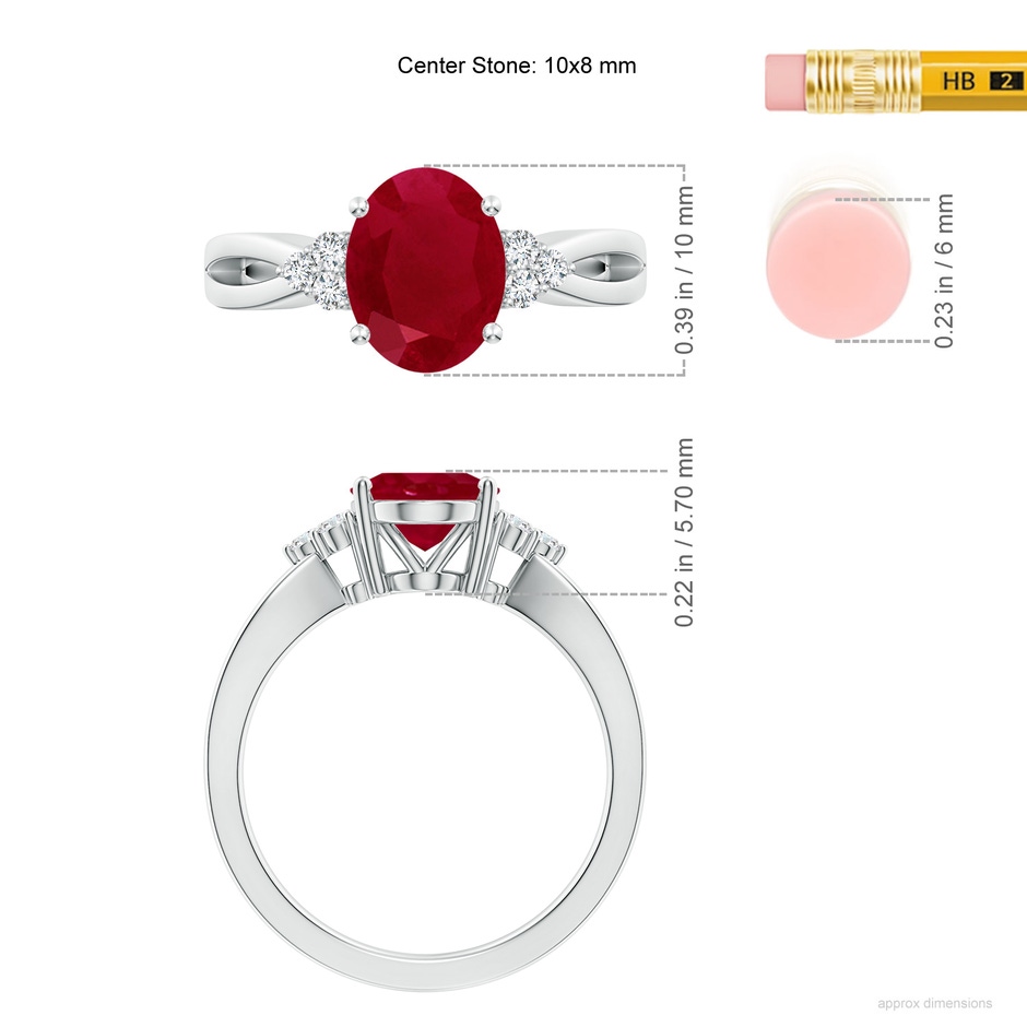 10x8mm AA Solitaire Oval Ruby Split Shank Ring with Trio Diamonds in S999 Silver ruler