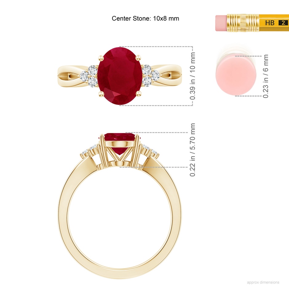 10x8mm AA Solitaire Oval Ruby Split Shank Ring with Trio Diamonds in Yellow Gold ruler