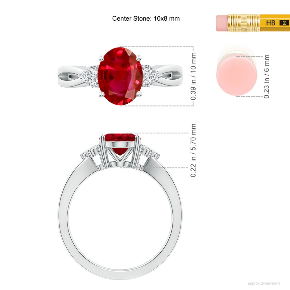 10x8mm AAA Solitaire Oval Ruby Split Shank Ring with Trio Diamonds in P950 Platinum ruler