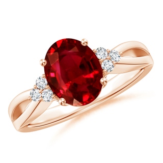 10x8mm AAAA Solitaire Oval Ruby Split Shank Ring with Trio Diamonds in 18K Rose Gold