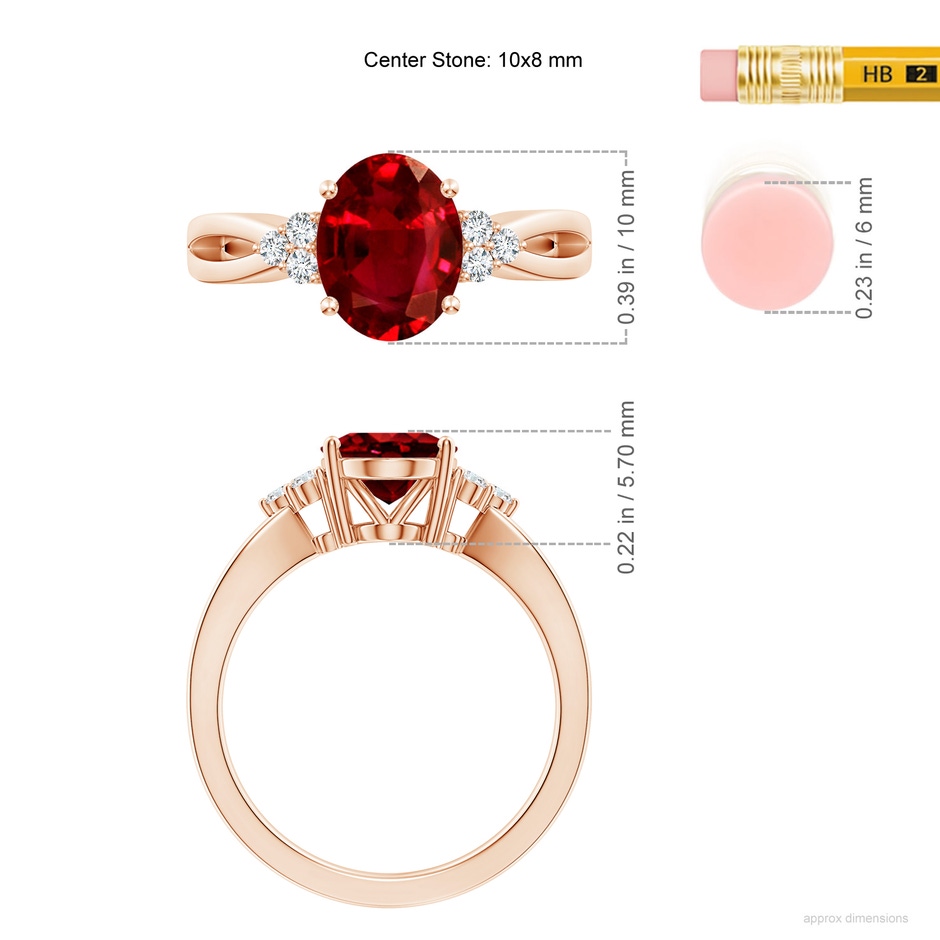 10x8mm AAAA Solitaire Oval Ruby Split Shank Ring with Trio Diamonds in 18K Rose Gold ruler
