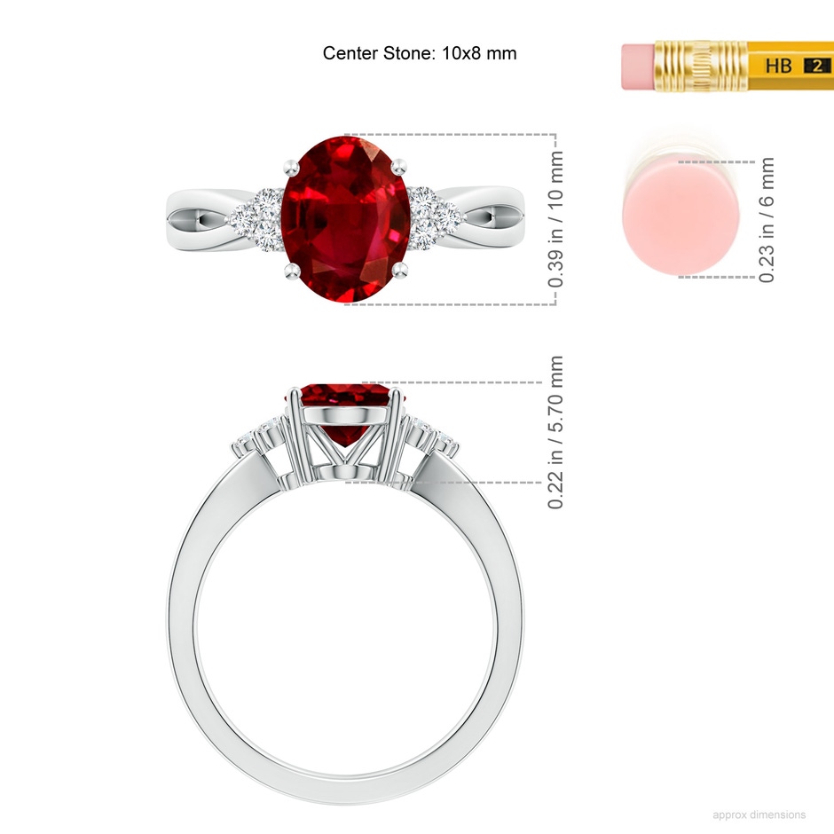 10x8mm AAAA Solitaire Oval Ruby Split Shank Ring with Trio Diamonds in P950 Platinum ruler