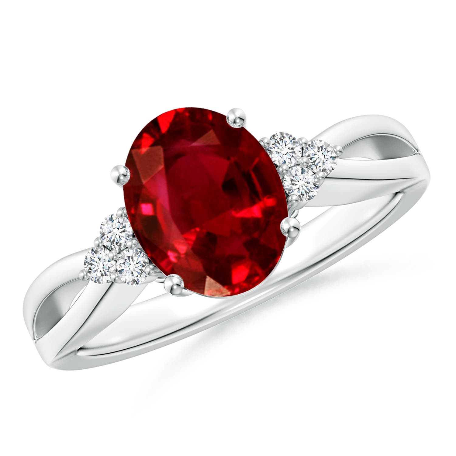 10x8mm AAAA Solitaire Oval Ruby Split Shank Ring with Trio Diamonds in White Gold