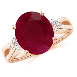 12x10mm A Solitaire Oval Ruby Split Shank Ring with Trio Diamonds in 18K Rose Gold