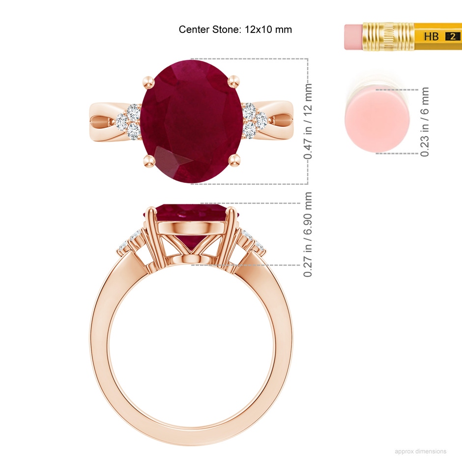 12x10mm A Solitaire Oval Ruby Split Shank Ring with Trio Diamonds in 18K Rose Gold ruler