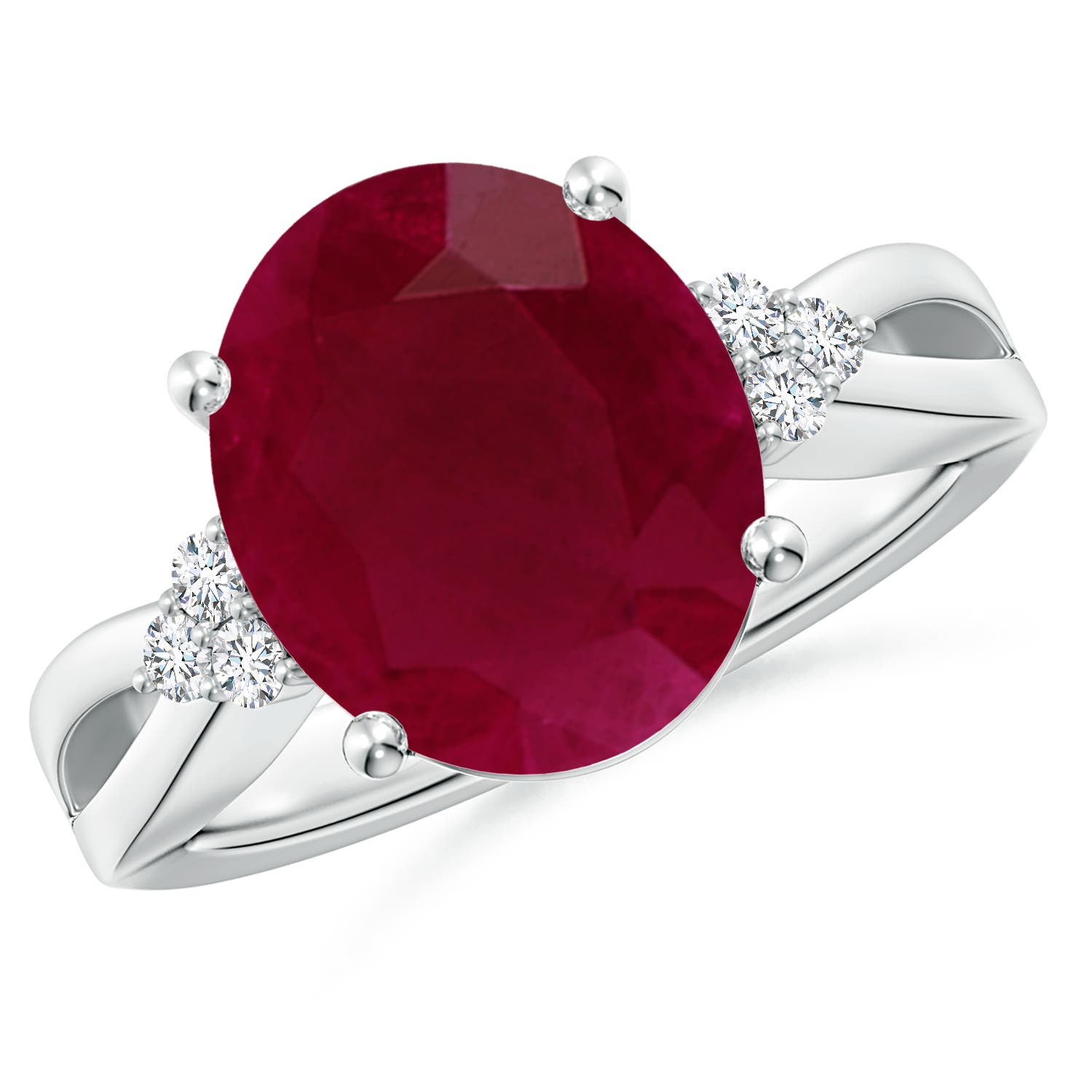 12x10mm A Solitaire Oval Ruby Split Shank Ring with Trio Diamonds in P950 Platinum