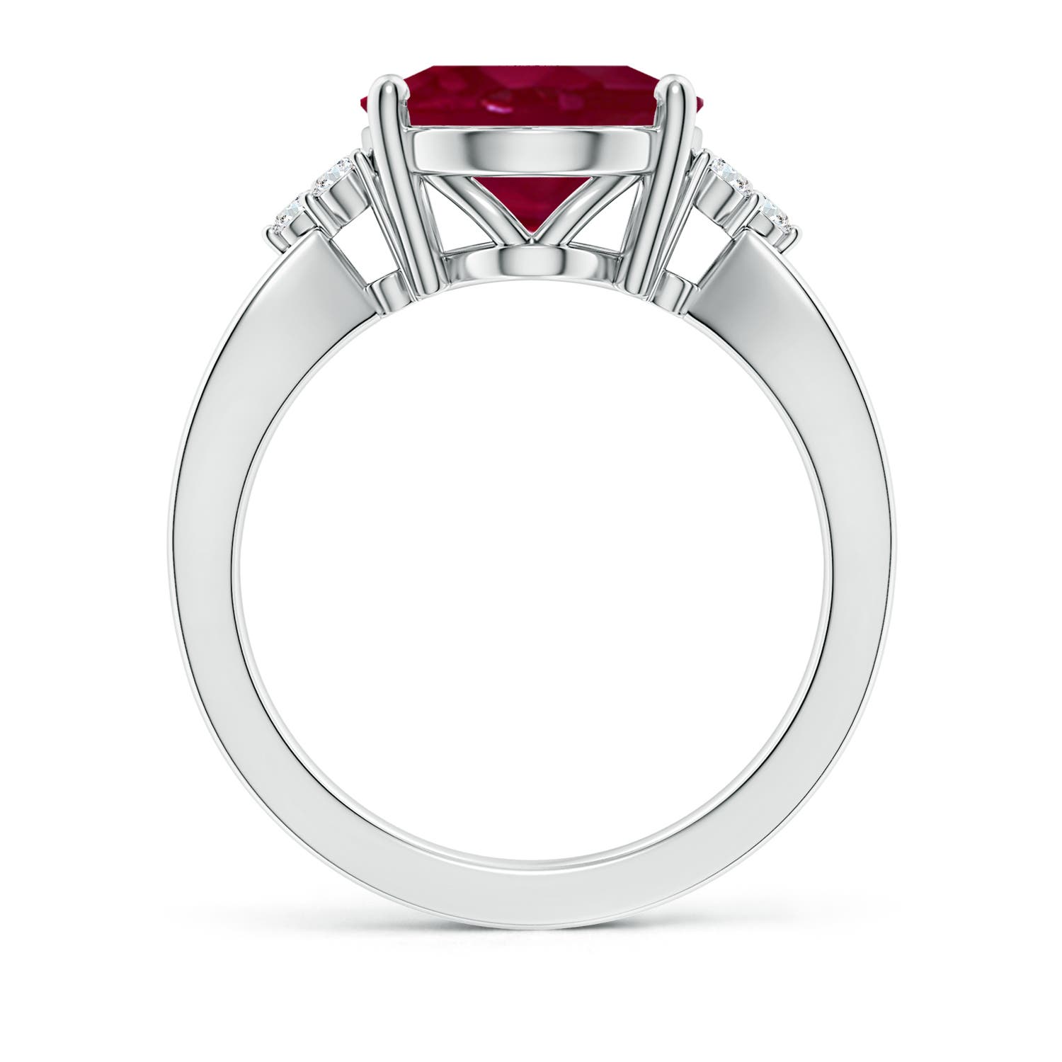 12x10mm A Solitaire Oval Ruby Split Shank Ring with Trio Diamonds in P950 Platinum