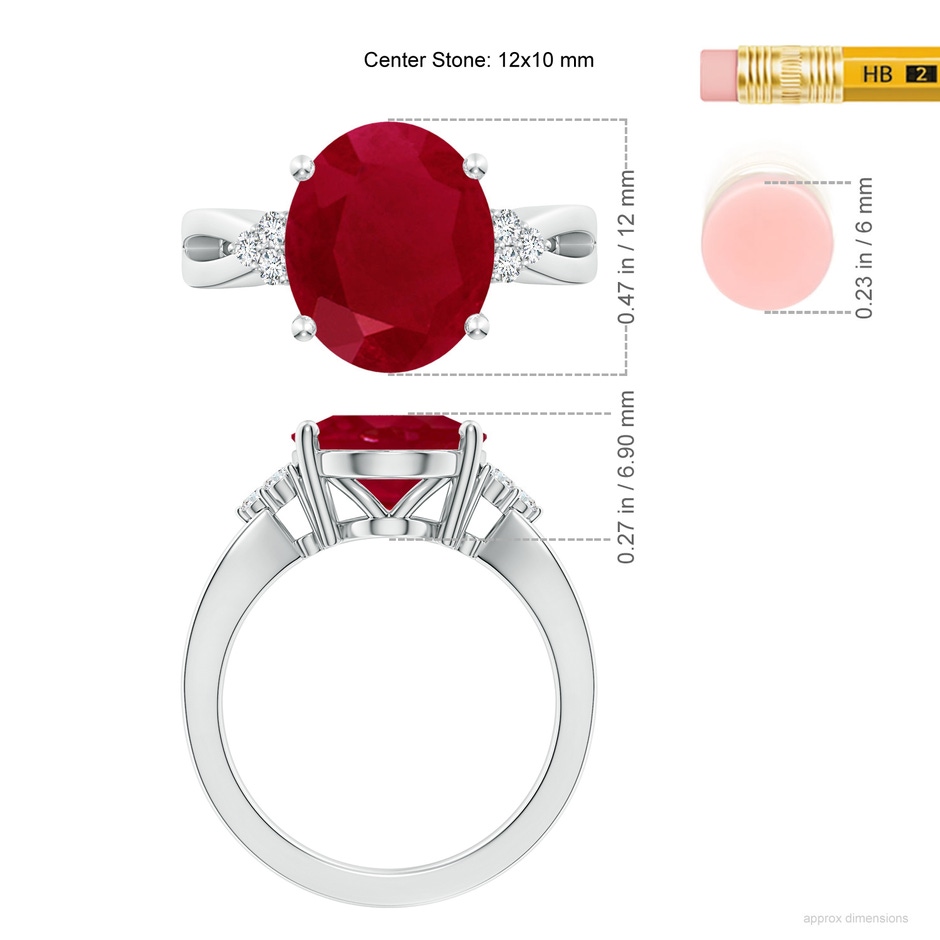 12x10mm AA Solitaire Oval Ruby Split Shank Ring with Trio Diamonds in P950 Platinum ruler