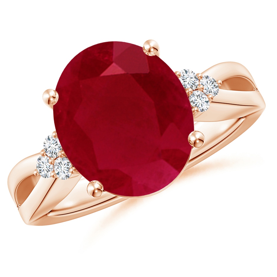 12x10mm AA Solitaire Oval Ruby Split Shank Ring with Trio Diamonds in Rose Gold 