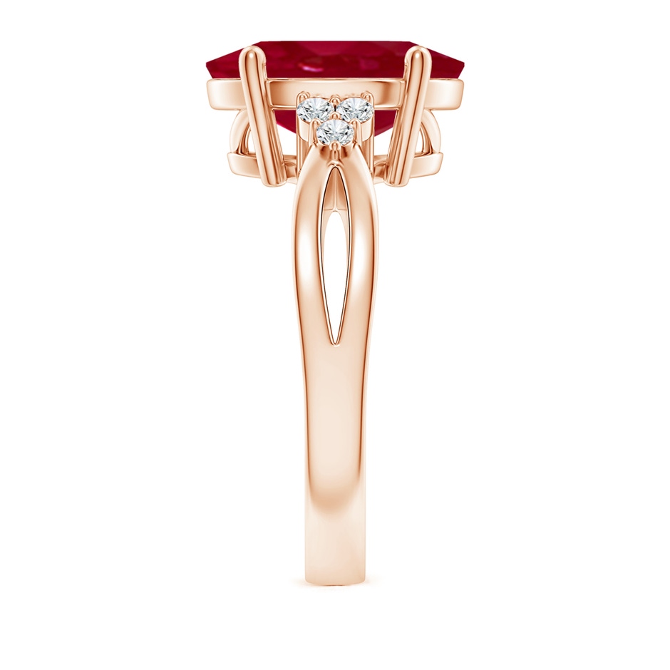 12x10mm AA Solitaire Oval Ruby Split Shank Ring with Trio Diamonds in Rose Gold side 299