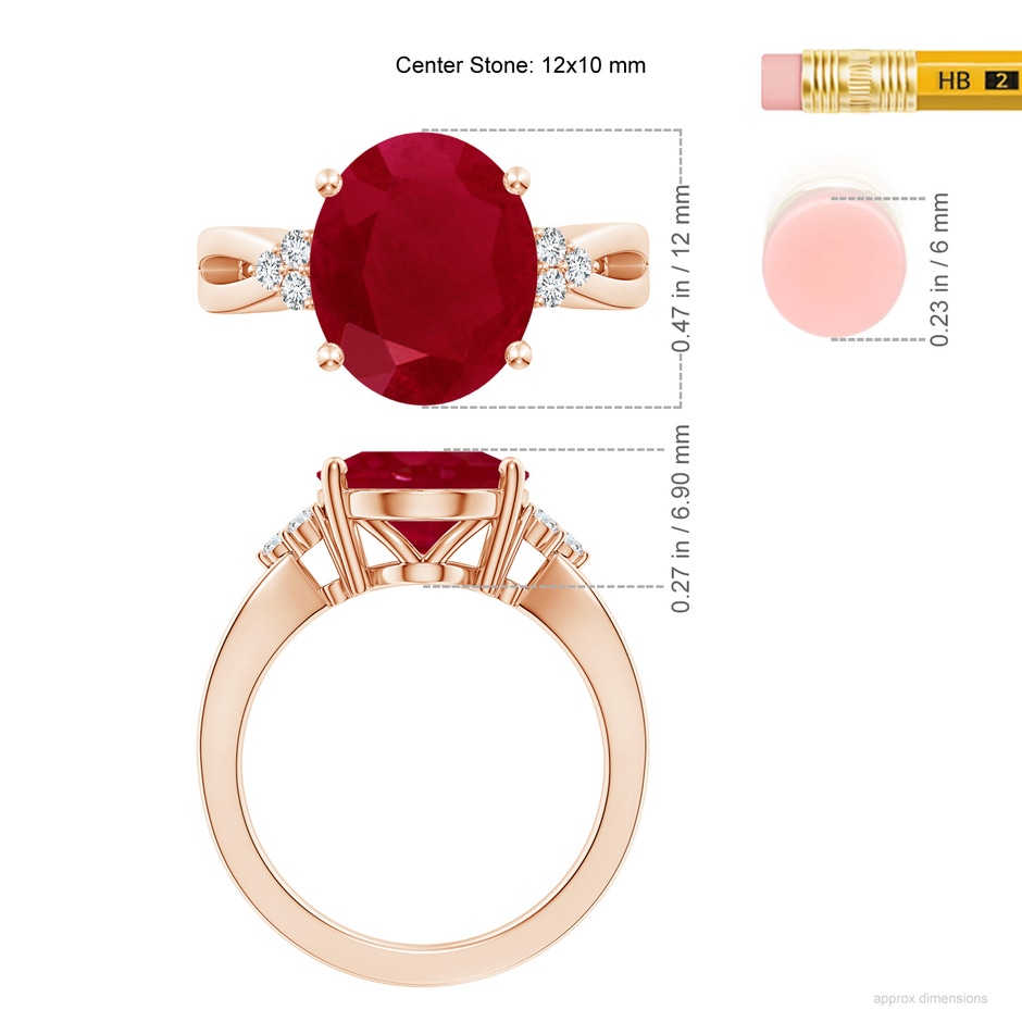 12x10mm AA Solitaire Oval Ruby Split Shank Ring with Trio Diamonds in Rose Gold ruler