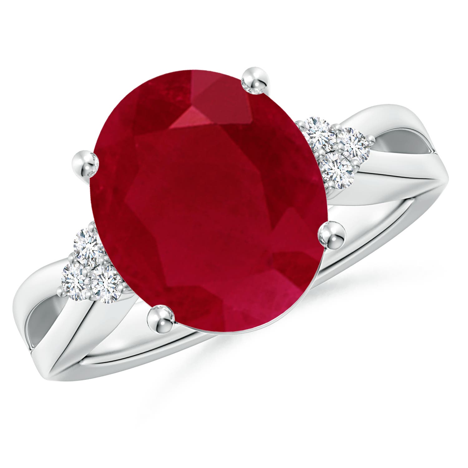 12x10mm AA Solitaire Oval Ruby Split Shank Ring with Trio Diamonds in White Gold