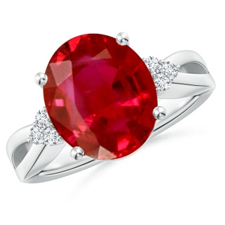 12x10mm AAA Solitaire Oval Ruby Split Shank Ring with Trio Diamonds in S999 Silver