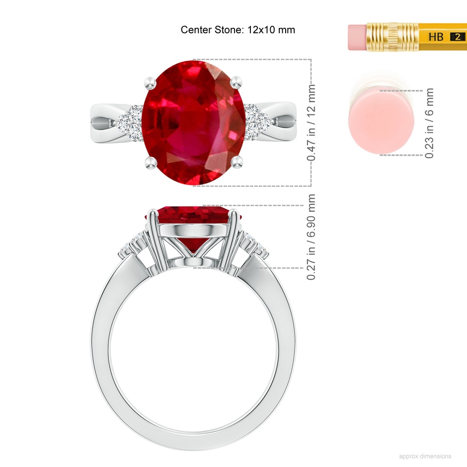 12x10mm AAA Solitaire Oval Ruby Split Shank Ring with Trio Diamonds in S999 Silver ruler