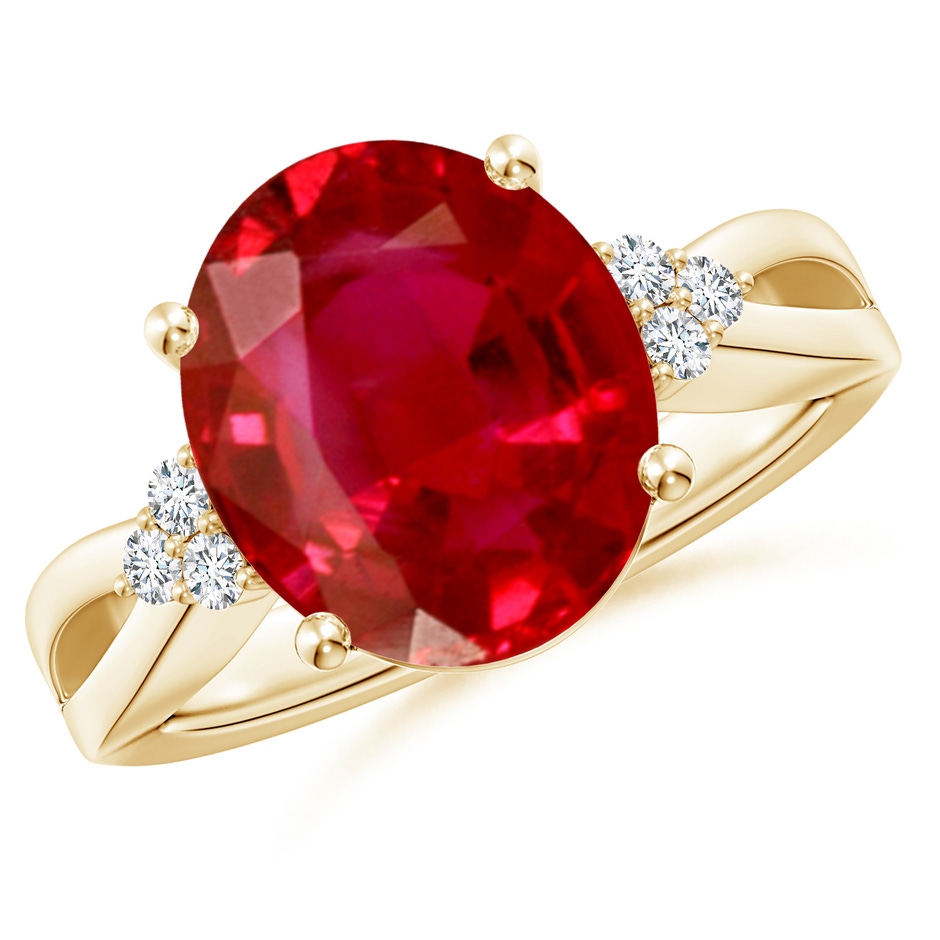 12x10mm AAA Solitaire Oval Ruby Split Shank Ring with Trio Diamonds in Yellow Gold 