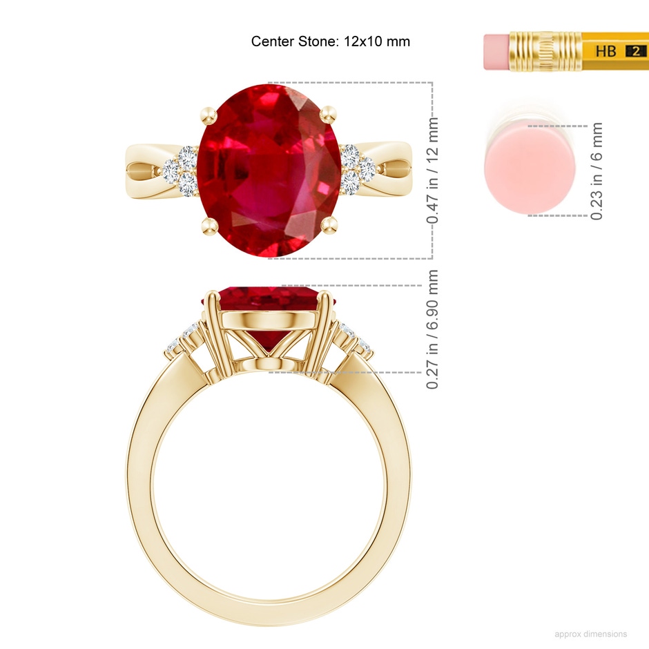 12x10mm AAA Solitaire Oval Ruby Split Shank Ring with Trio Diamonds in Yellow Gold ruler