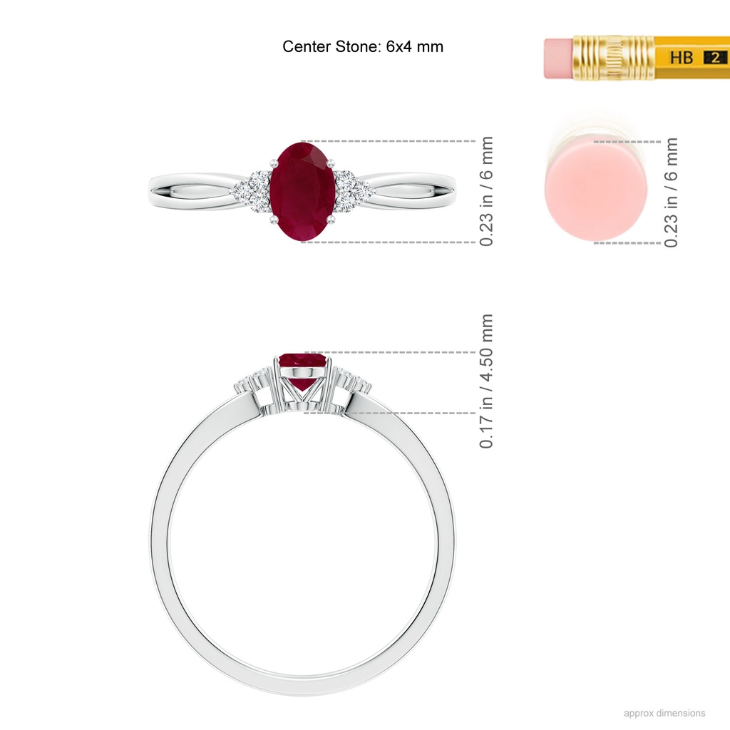 6x4mm A Solitaire Oval Ruby Split Shank Ring with Trio Diamonds in P950 Platinum Ruler