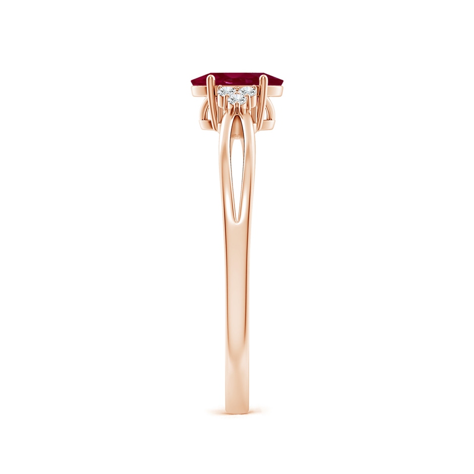 6x4mm A Solitaire Oval Ruby Split Shank Ring with Trio Diamonds in Rose Gold side 299